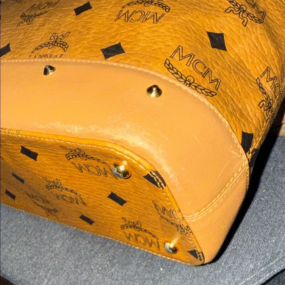 MCM Mini Cognac Leather Tote with Logo Pattern - Picture 9 of 16